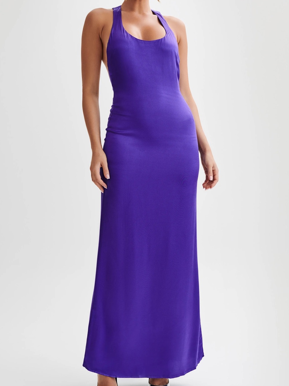 Meshki - Jacquelyn Racerback Purple Satin Maxi Dress with Side Slit